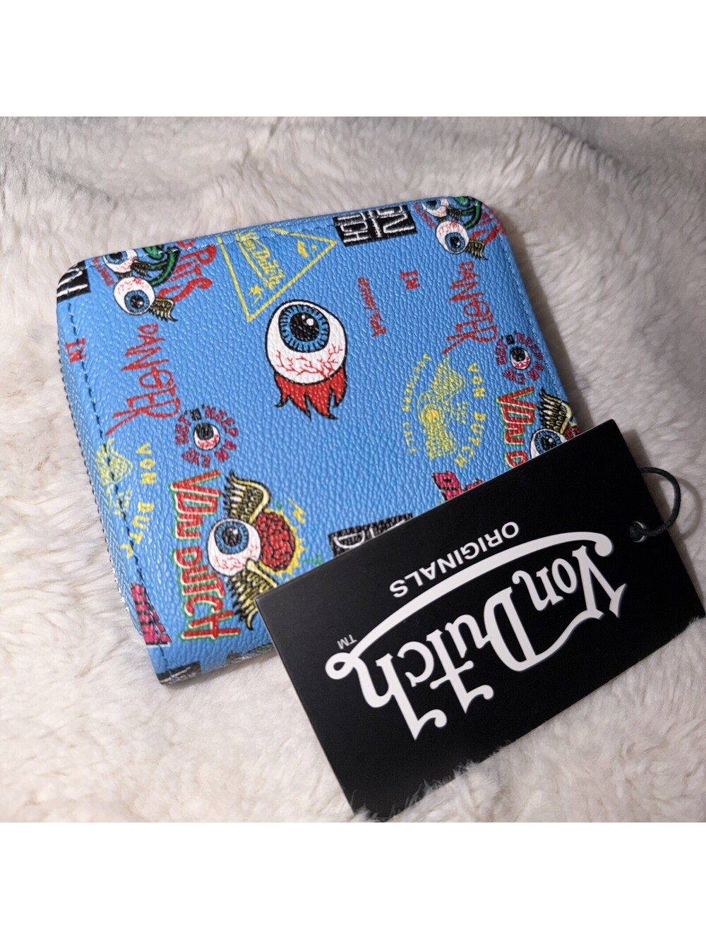 VON DUTCH Hot Blue Faux LEATHER Logo JAX Flying EYEBALL Small BIFOLD Wallet NWT